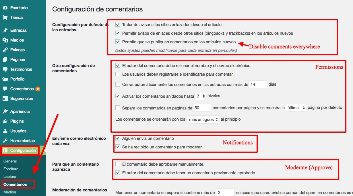 Configuración de comentarios ‹ MrFoxTalbot — WordPress